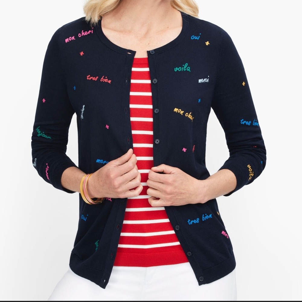 Talbots Plus Size 1X Navy Cardigan Embroidered French Phrases Bonjour Voila - Picture 8 of 8